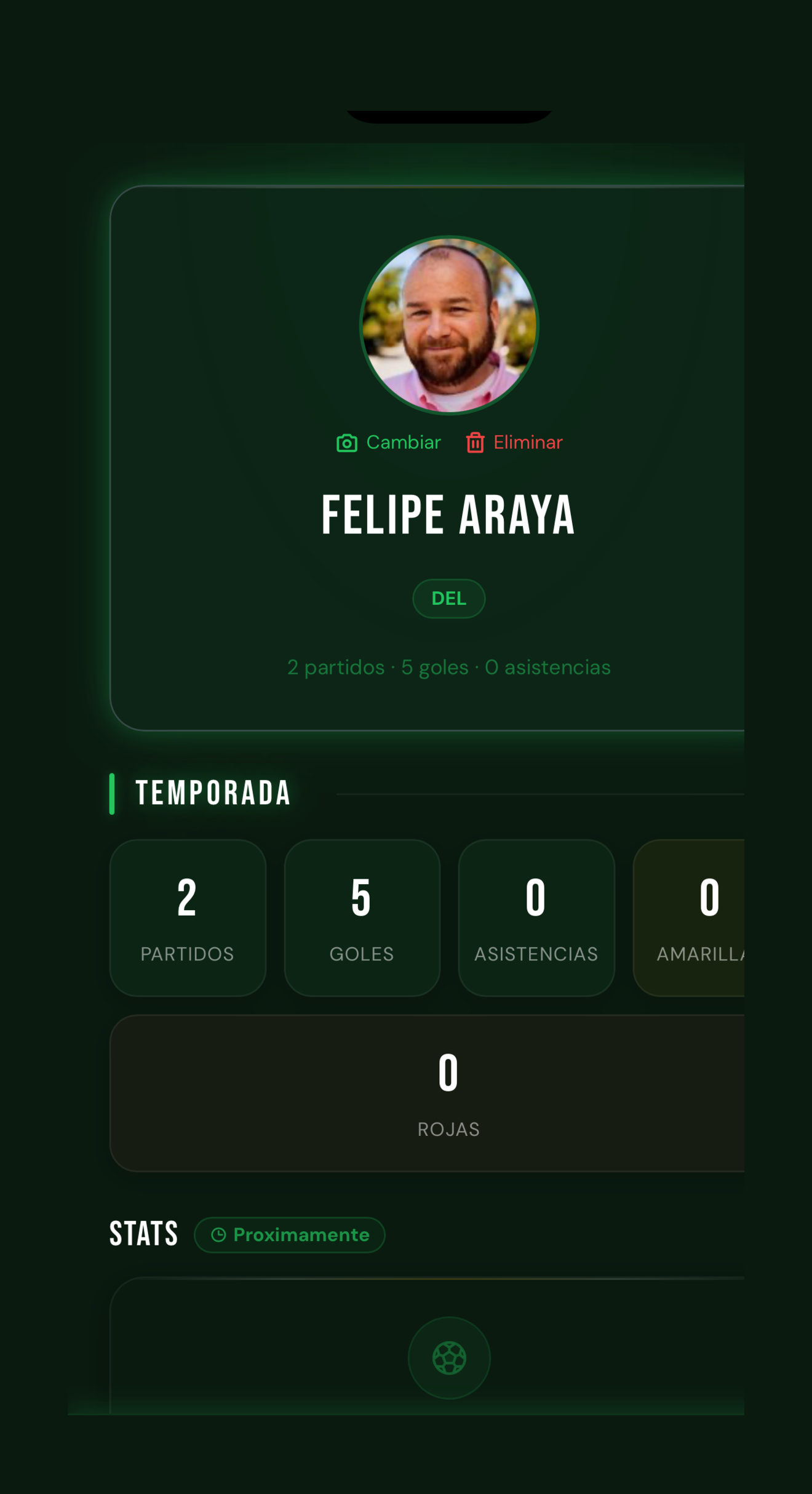Perfil de jugador con estadísticas